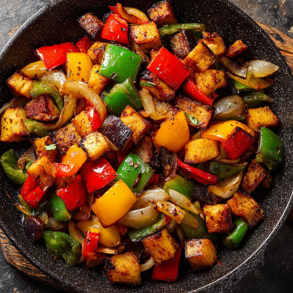 Auberginenpfanne mit Paprika und Zwiebeln