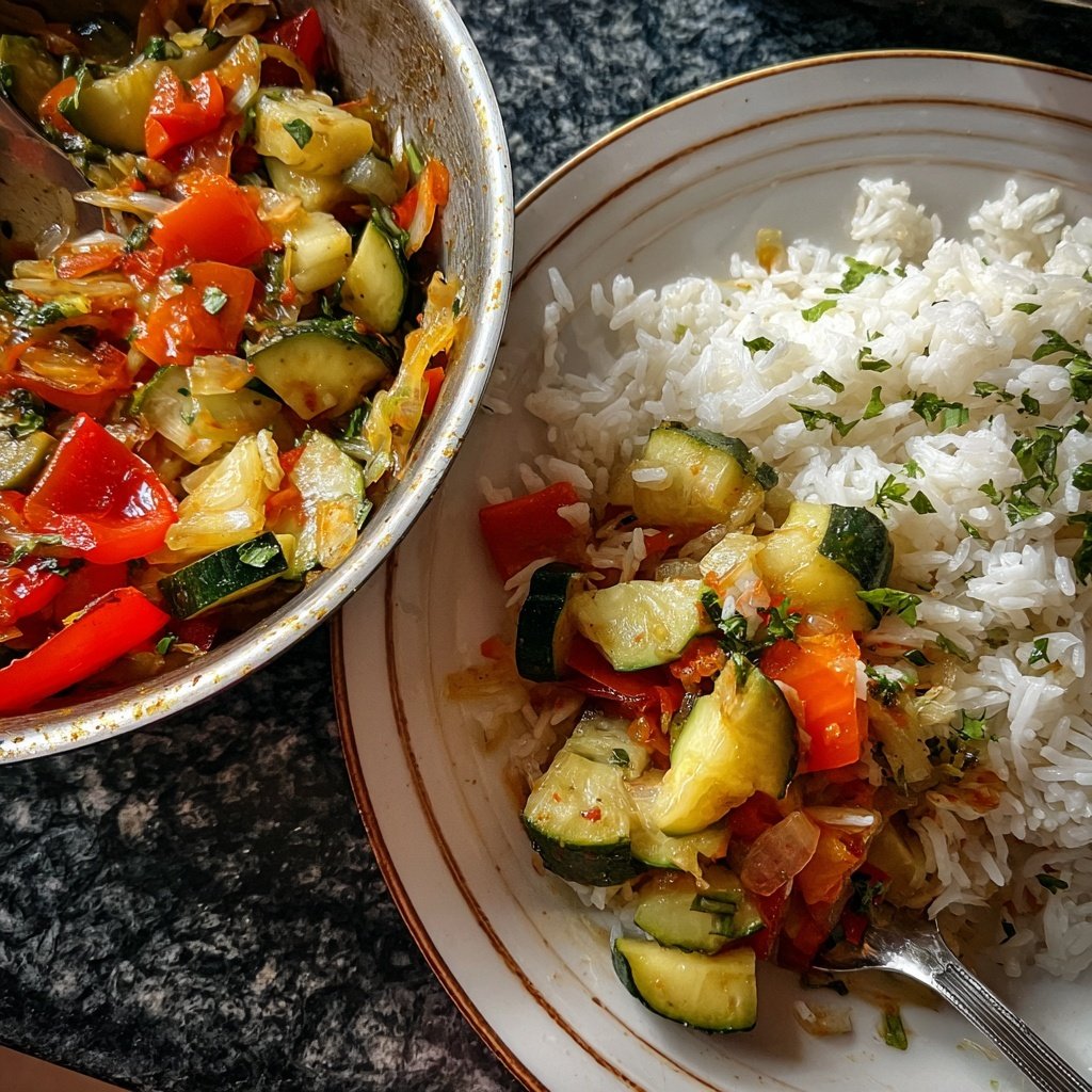Abendessen mit Gemüsepfanne und Reis