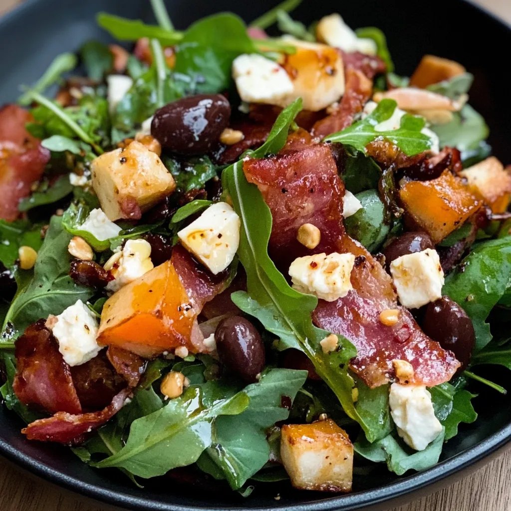 Winterlicher Salat mit Bacon, Feta, Süßkartoffel, Kichererbsen und Balsamico Dressing