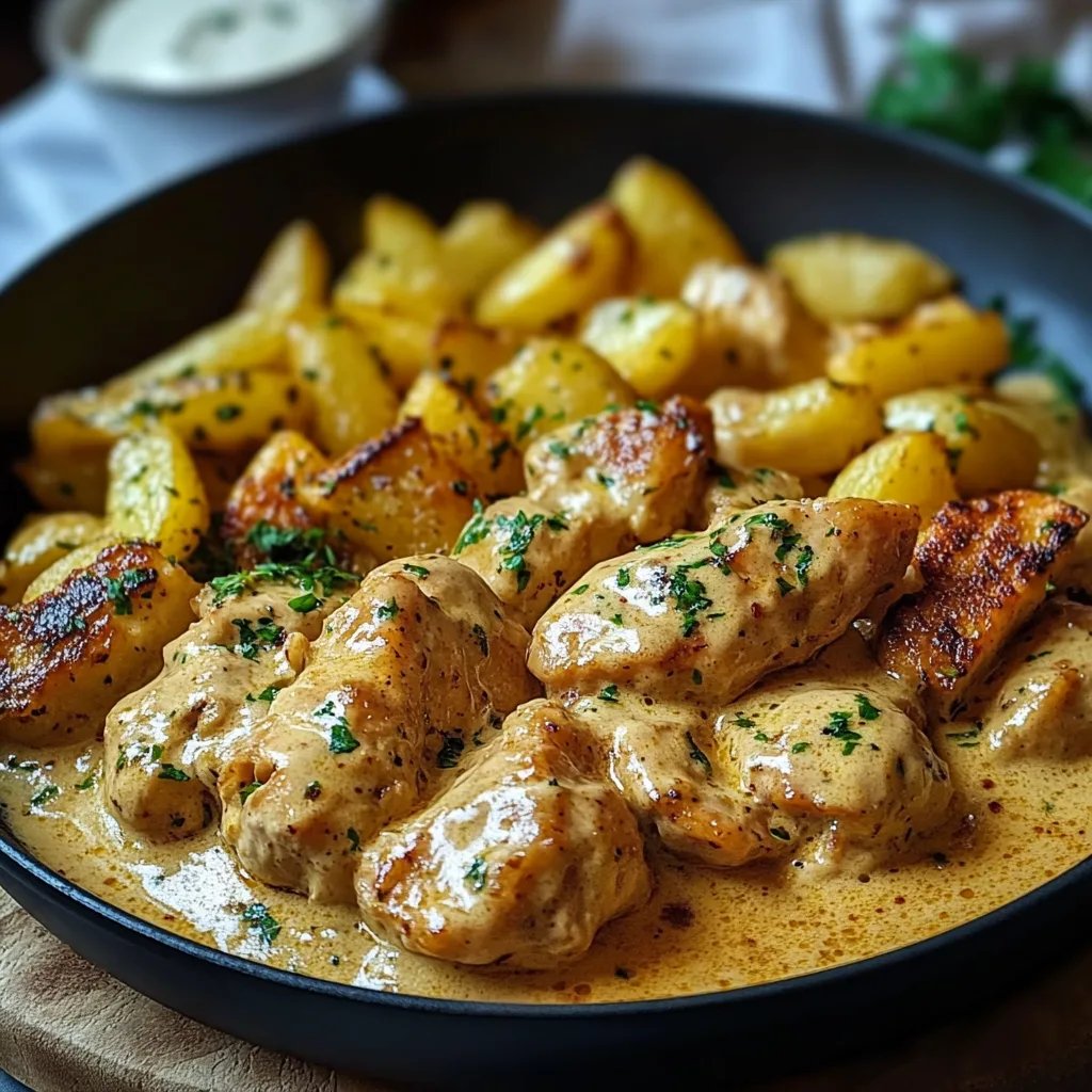 Butter Chicken mit Knoblauchsauce und knusprigen Pommes